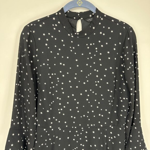 Lucky Brand Star Print Mini Dress M Long Bell Sleeves A Line Black - Picture 6 of 12